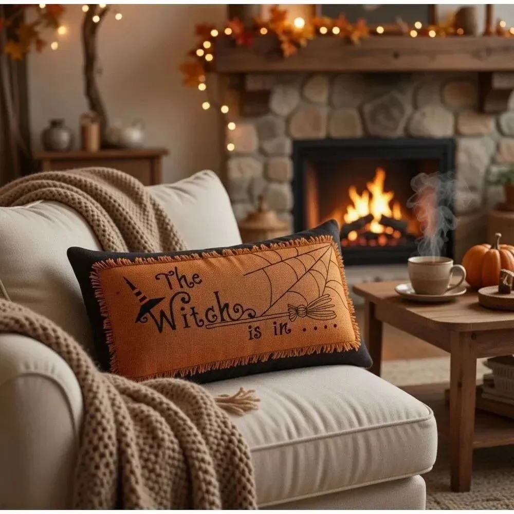 Canvas Glam “The Witch Is In” Pumpkin Witch Pillow Halloween Decor Orange
